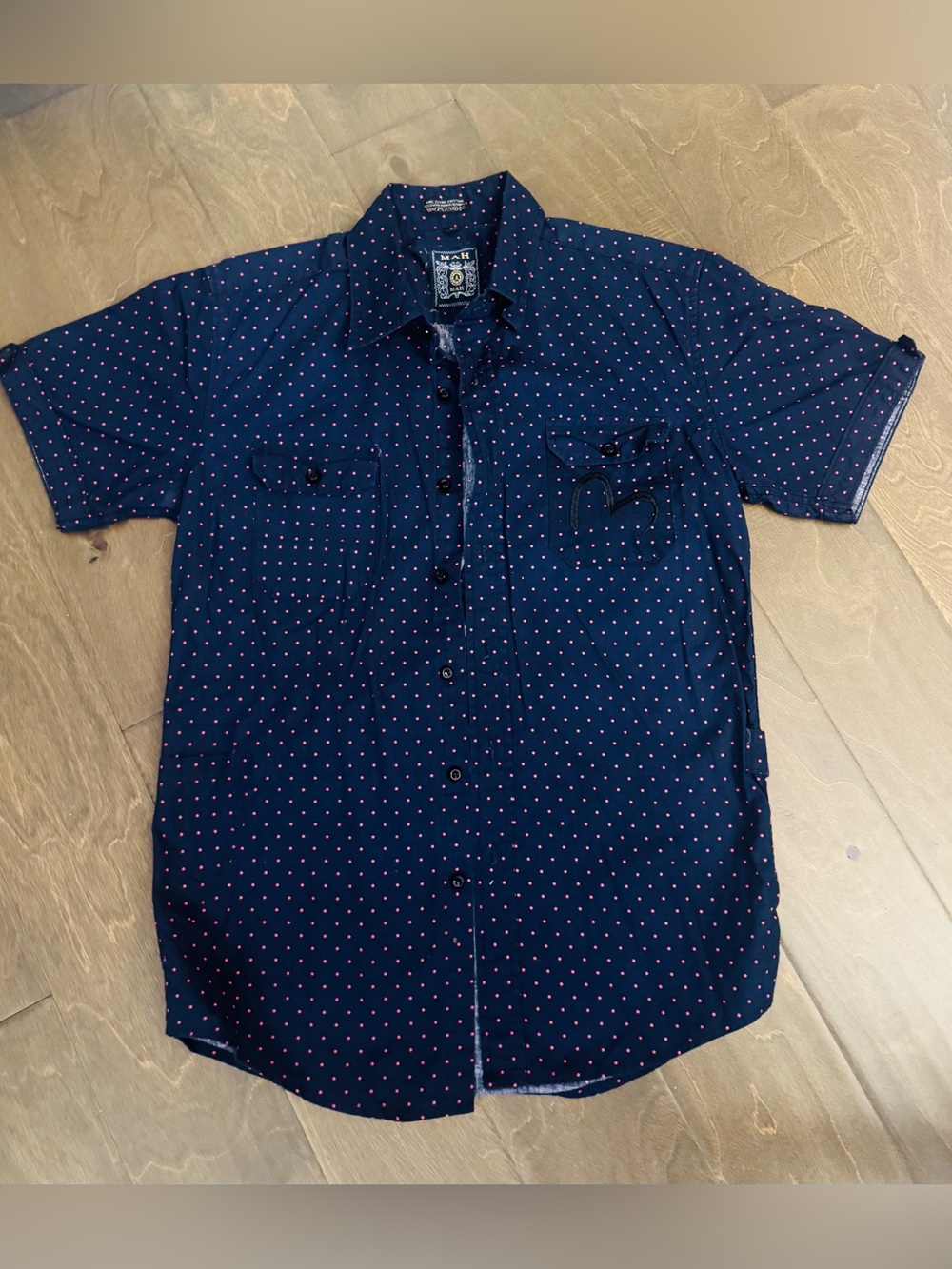 MAH Navy Short-Sleeve Button-Down with Small Pink Dot Print
